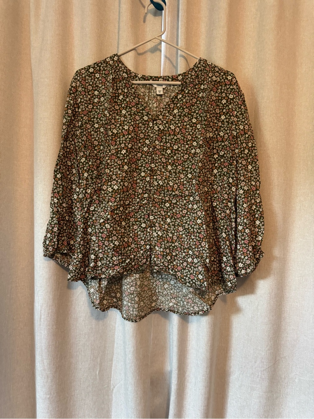 Green Floral Button-Front Peasant Blouse